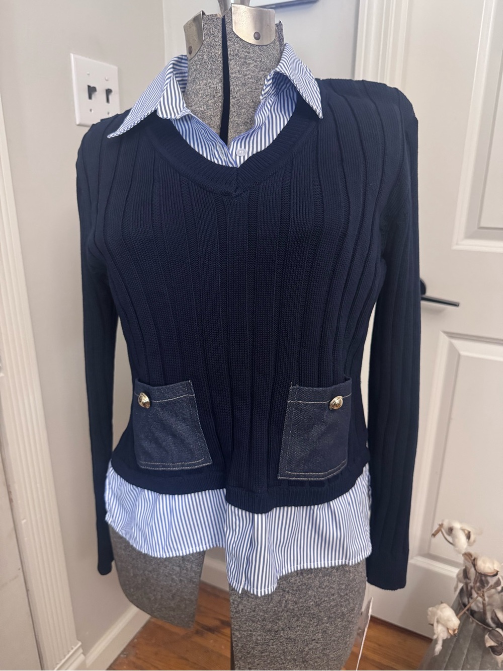 Women’s Nanette Lepore Navy Twofer Sweater with Striped Cotton Accents NWT MD